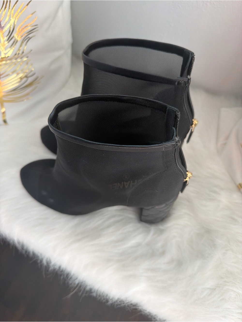 CHANEL Black Mesh Ankle Booties with Gold Zipper